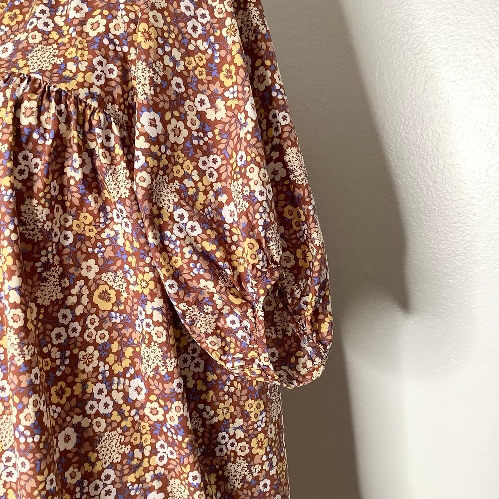 Everlane The Shirred Brown Ditzy Floral Yoke Cotton Mini Dress XS - Picture 4 of 9